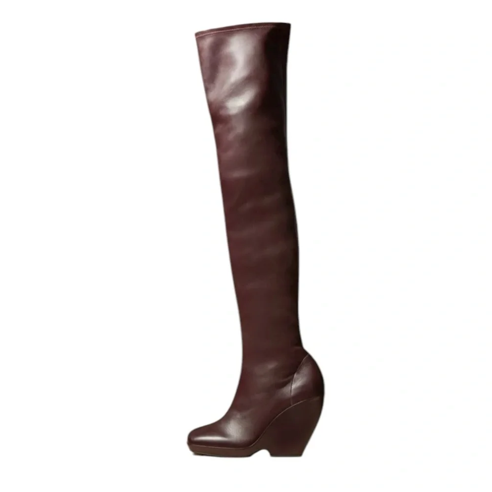 Khaite Red Over Knee Boots Leather Burgundy OTK 7.5 Stretch Wedge Heel NIB 🟡